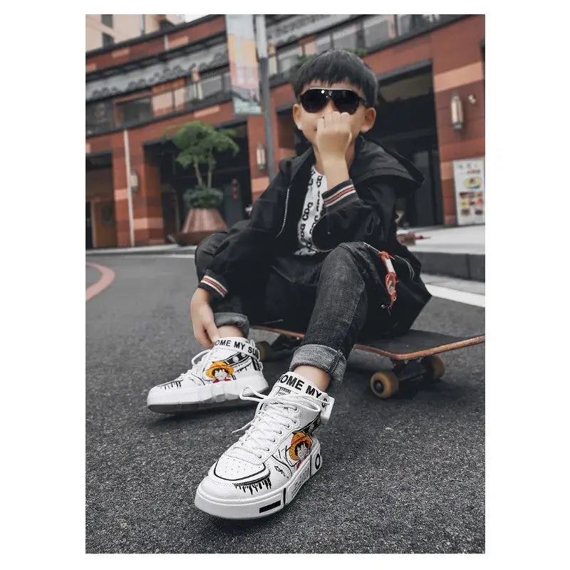 A pair of Anime One Piece Luffy High Top Shoes featuring Roronoa Zoro, designed as breathable, non-slip leisure sports sneakers for men and women.