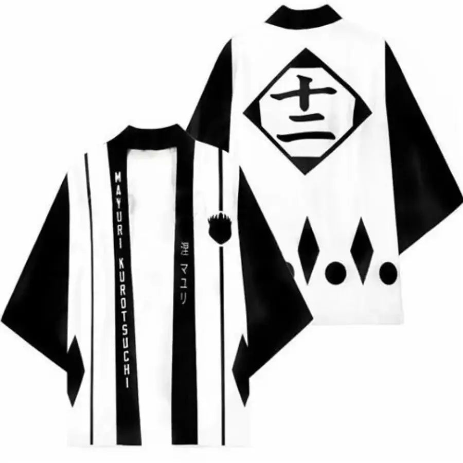 A stylish Bleach Cosplay Kimono cardigan featuring Kurosaki Ichigo and Kenpachi Zaraki designs, functioning as a Haori cloak for parties and cosplay.