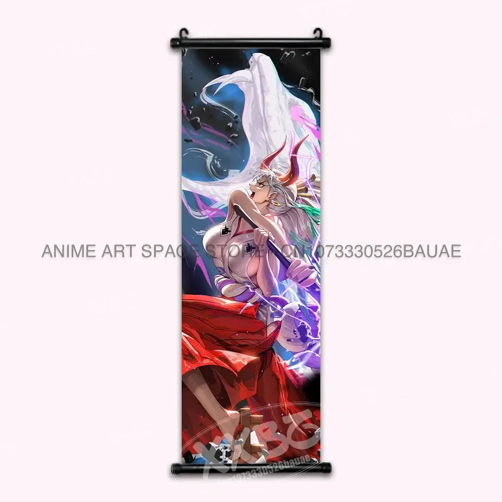 A vibrant One Piece Hanging Painting featuring anime characters Monkey D. Luffy, Portgas D. Ace, Sabo, and Shanks on a canvas scroll for home decor.