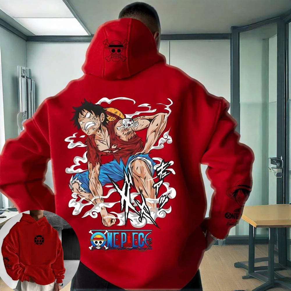 The 2025 Trend One Piece Luffy Hooded Sweater, a loose casual jacket for lovers with an anime print.