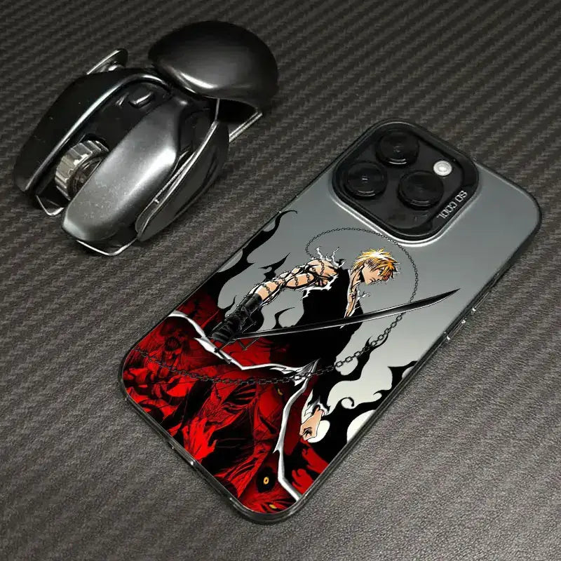 A shockproof Bleach Anime Phone Case featuring Ichigo Kurosaki and Rukia Kuchiki anime art, compatible with Apple iPhone 16e, 16, 15, and 14 Pro Max.