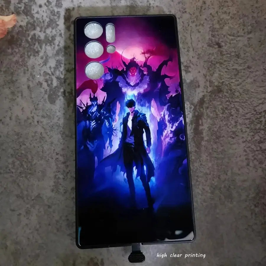 A Solo Leveling LED Phone Case for ZTE Nubia RedMagic featuring glowing Sung Jinwoo anime art that lights up.