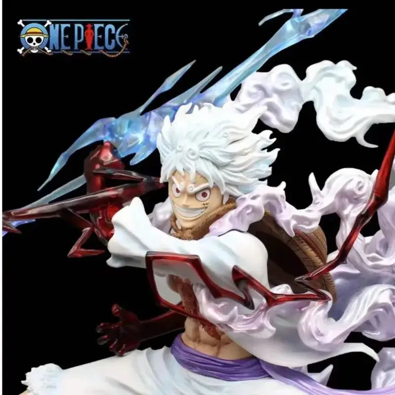 A handmade 28cm One Piece Luffy Statue featuring movable parts and lightning effects, perfect for anime desktop decoration and gifting.