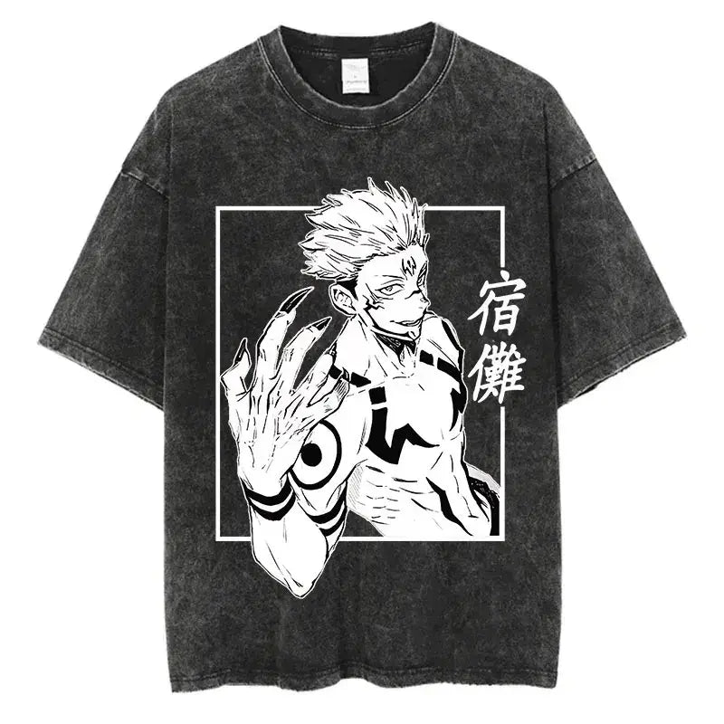 A vintage-style Anime Washed T-shirt made of 100% cotton, featuring an oversized Harajuku streetwear fit for men and women.