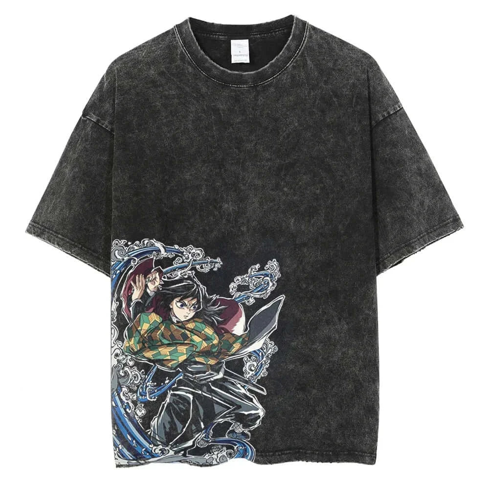 A men's vintage Demon Slayer Kamado Tanjirou Graphic Print T Shirt in a washed cotton Harajuku style.