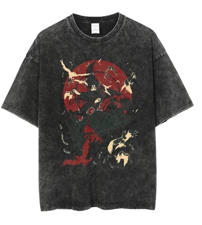 A retro washed Uchiha Sasuke T-shirt featuring a high-quality anime graphic print, designed as oversized cotton streetwear for men and women.