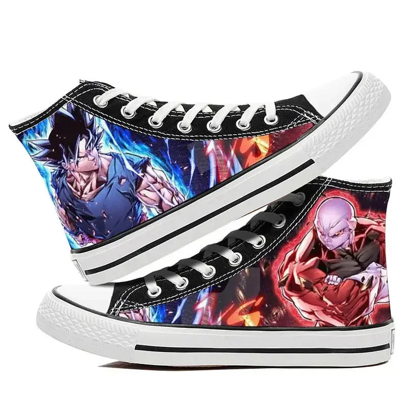 Trendy Dragon Ball High Top Canvas Shoes featuring Goku and Vegeta animation art, breathable flat sneakers for students and fans.