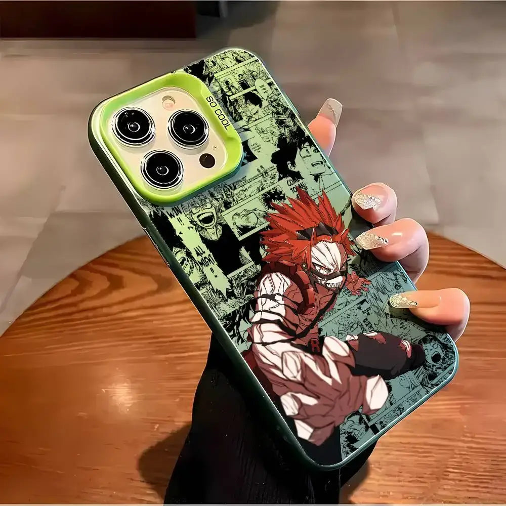 A shockproof Eijiro Kirishima Phone Case featuring a multicolor aurora laser finish and Red Riot anime art, compatible with Apple iPhone 16, 15, and 14 Pro Max.