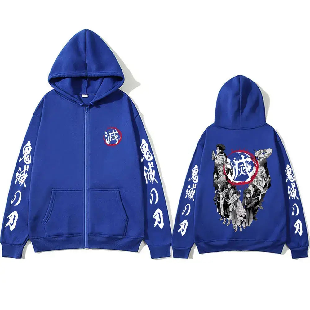 An oversized Demon Slayer Hashira Hoodie with a vintage zip-up jacket style, featuring all the Hashira members, for men and women.