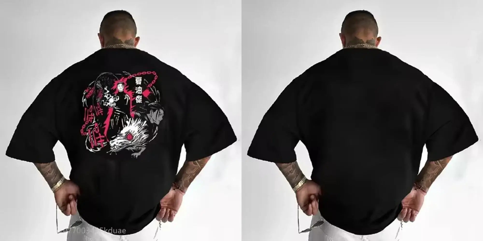 A black Jujutsu Kaisen T-Shirt for men featuring a high-definition anime graphic print, styled for casual streetwear.