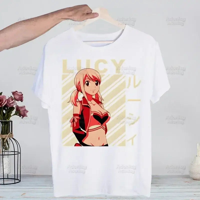 A hip hop style Fairy Tail T-shirt made of cotton featuring anime characters Natsu Dragneel and Lucy Heartfilia.