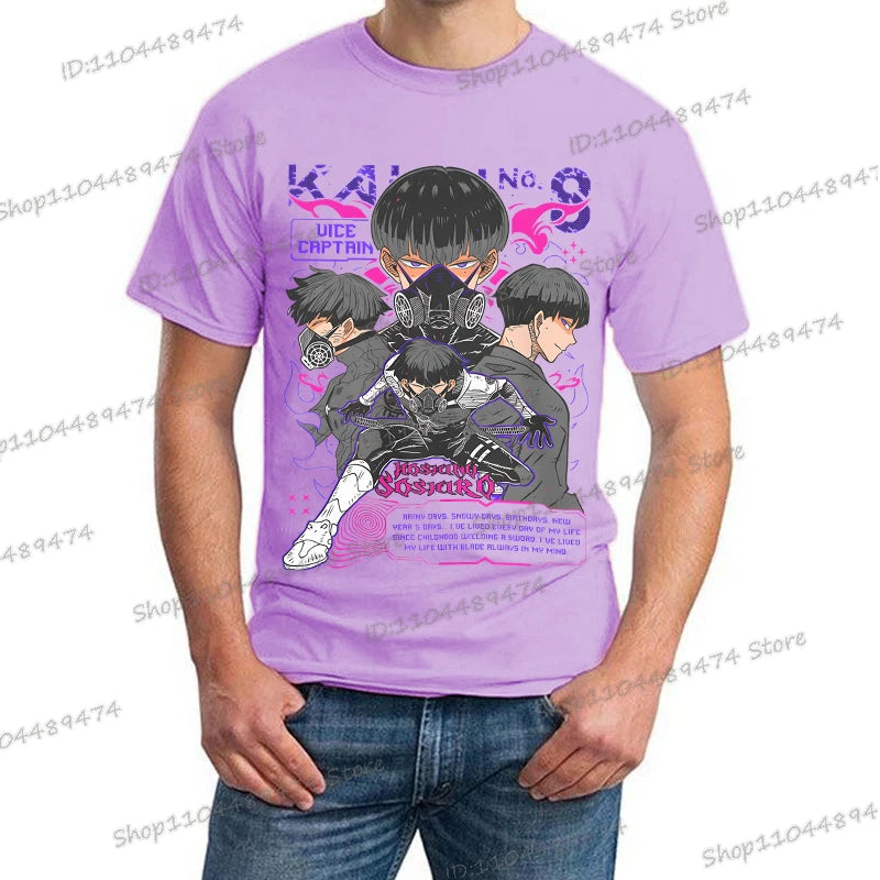 A trendy Y2K Anime Kaiju No 8 T-shirt with a creative Soshiro Hoshina print for men and women.