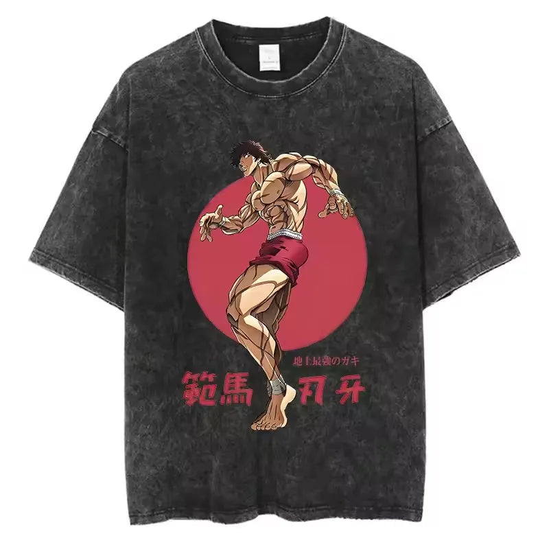 A high-quality pure cotton Baki Anime T-shirt featuring a graphic print of Baki Hanma, designed as a casual loose fit top for men and women.