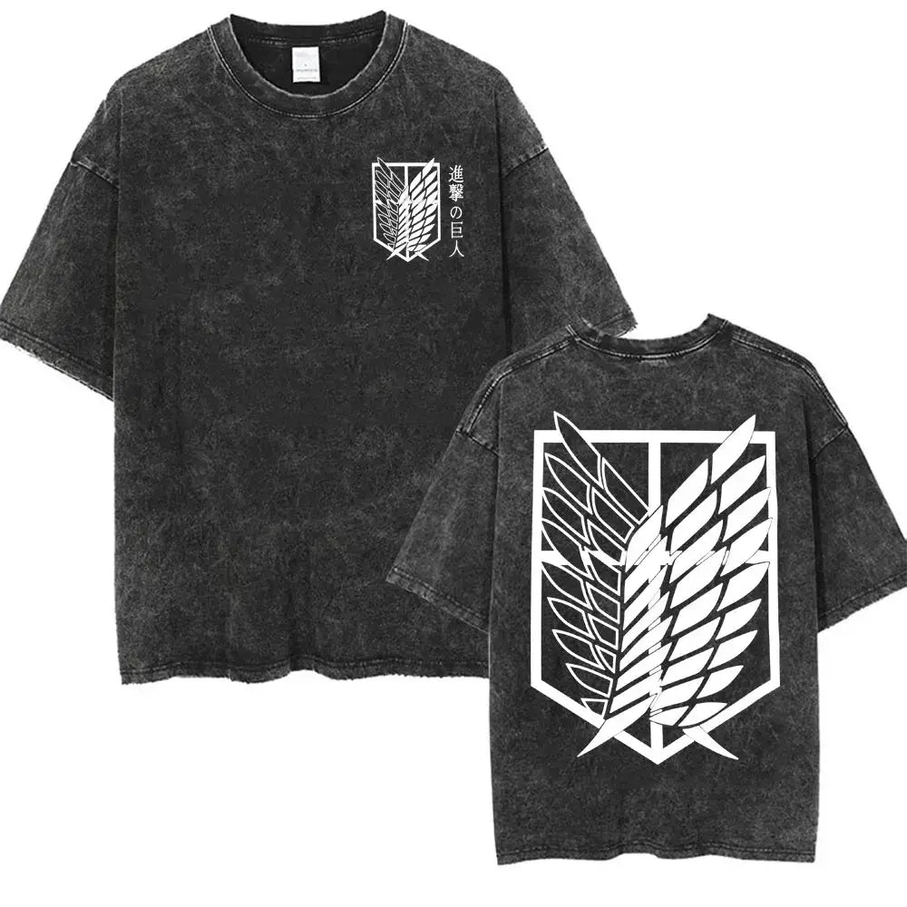 An oversized Attack on Titan Washed T-shirt featuring a vintage Levi Ackerman graphic, a stylish streetwear item for men and women.
