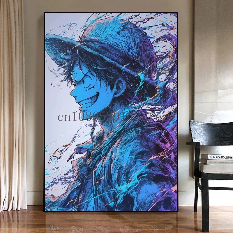 A high-quality One Piece Canvas Print featuring classic Japanese anime characters like Luffy, designed as unframed wall art for living room decoration.