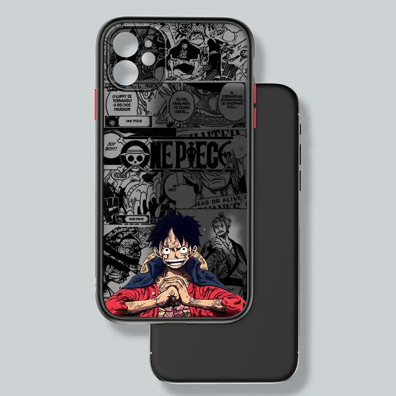 A luxury One Piece iPhone Case with frosted translucent finish and anime art, fitted for Apple iPhone 15, 14, and 13 Pro Max.