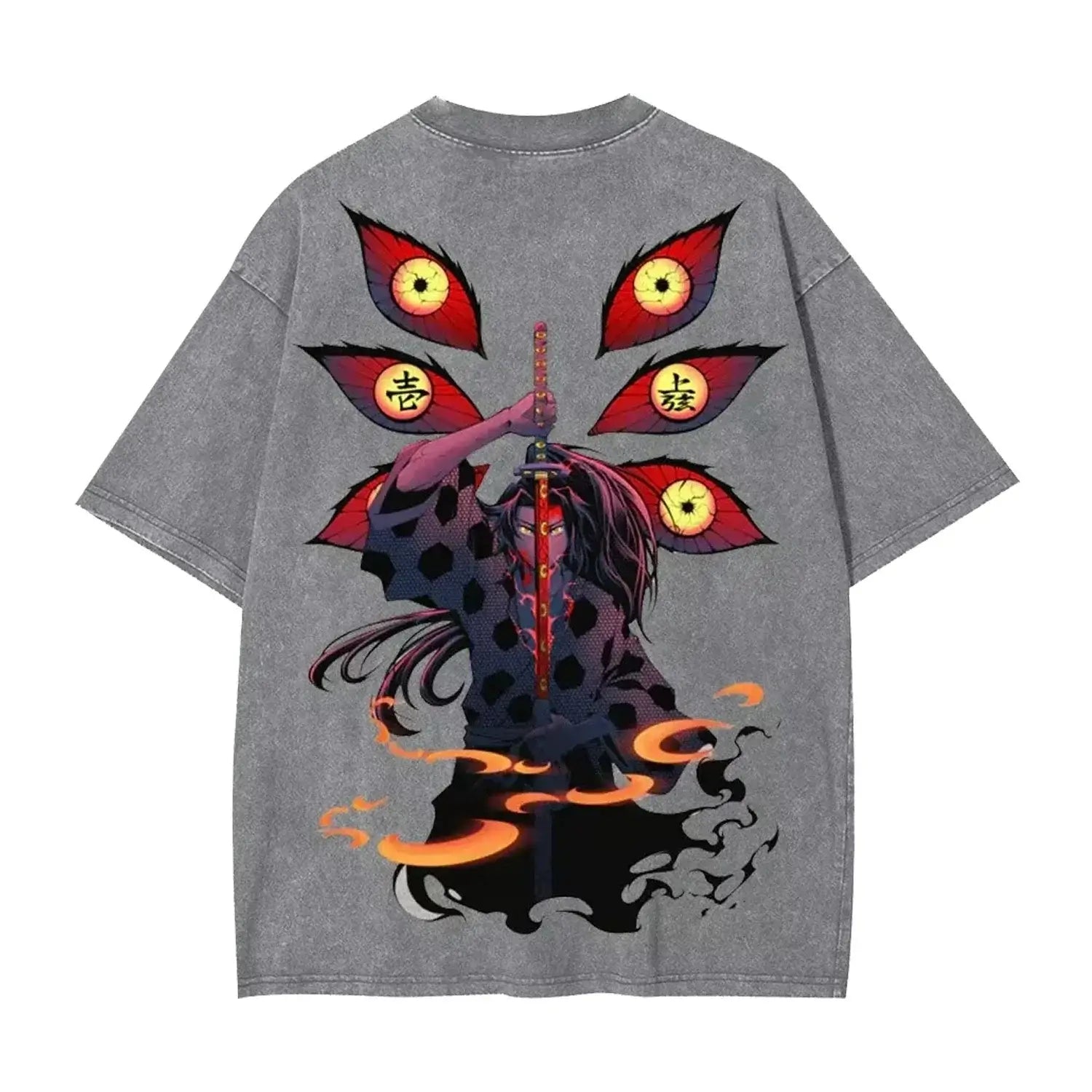 A vintage washed Harajuku Anime Demon Slayer Graphic T-shirt Kokushibo in an oversized hip hop streetwear style for men and women.