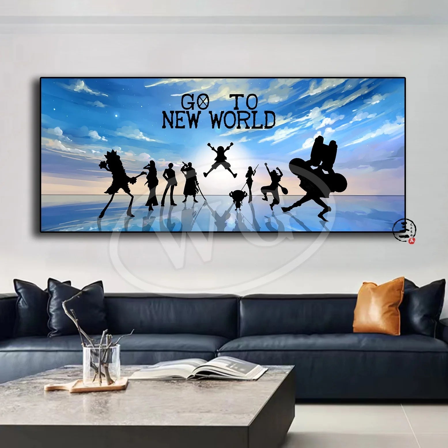 A high-quality One Piece decorative painting featuring Monkey D. Luffy, Roronoa Zoro, and Portgas D. Ace as a sofa background wall hanging.