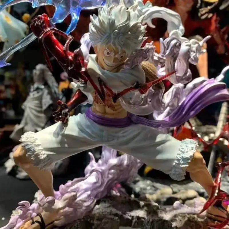 A handmade 28cm One Piece Luffy Statue featuring movable parts and lightning effects, perfect for anime desktop decoration and gifting.