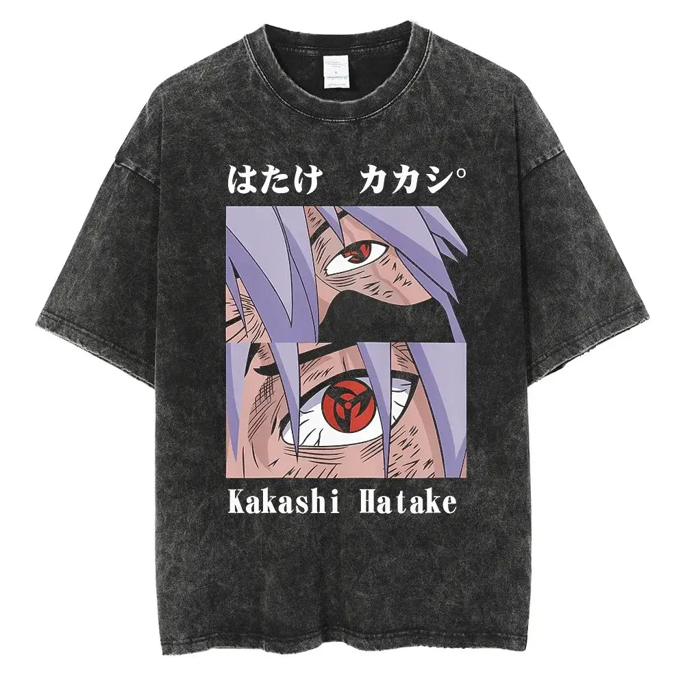A man wearing the vintage black Japanese Anime Naruto Print T Shirt in a Harajuku hip hop streetwear style.