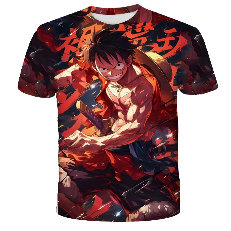 A loose-fit One Piece Luffy T-shirt featuring a cool cartoon Monkey D. Luffy graphic, designed for boys and men as casual anime streetwear.