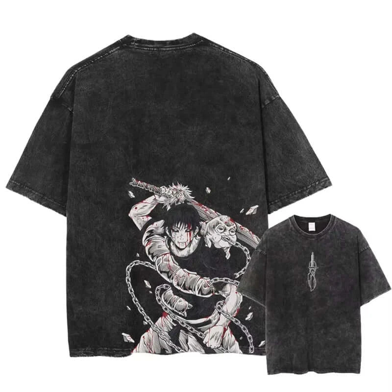A vintage-style Ryomen Sukuna Washed T-Shirt in oversized cotton, featuring a high-definition graphic of the King of Curses for anime streetwear.
