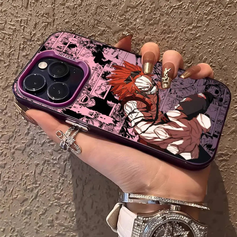 A shockproof Eijiro Kirishima Phone Case featuring a multicolor aurora laser finish and Red Riot anime art, compatible with Apple iPhone 16, 15, and 14 Pro Max.
