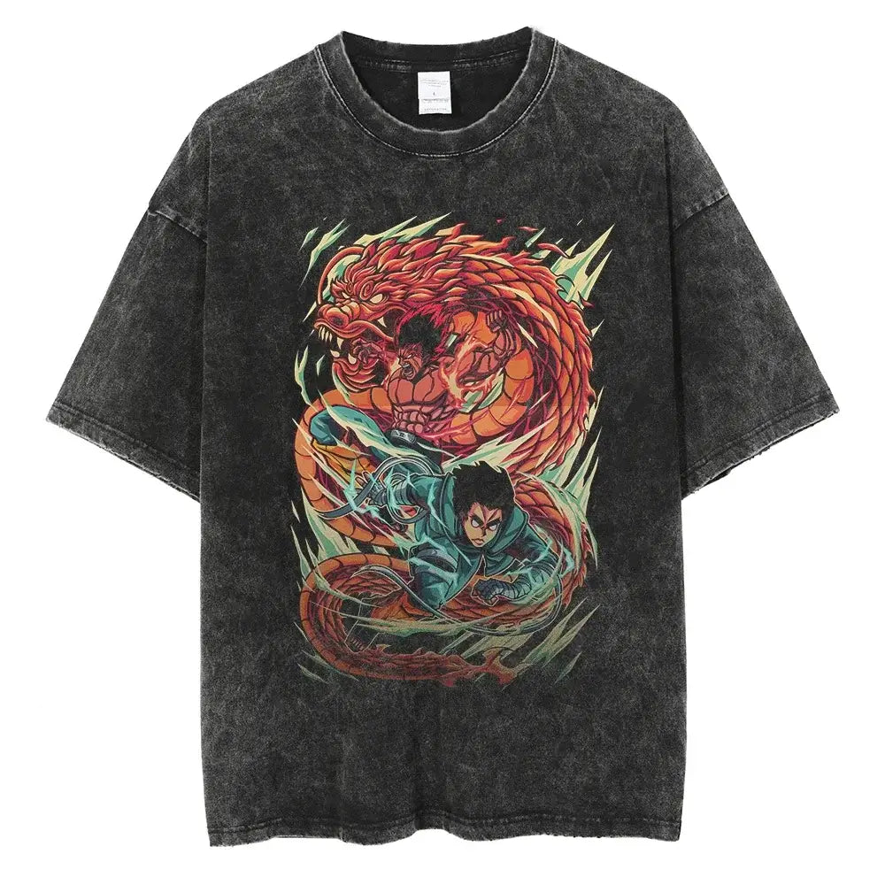 A man wearing the vintage black Japanese Anime Naruto Print T Shirt in a Harajuku hip hop streetwear style.