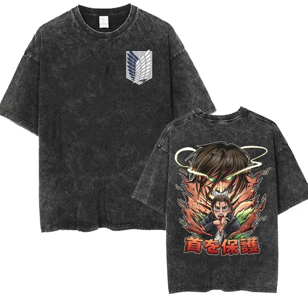 An oversized Attack on Titan Washed T-shirt featuring a vintage Levi Ackerman graphic, a stylish streetwear item for men and women.