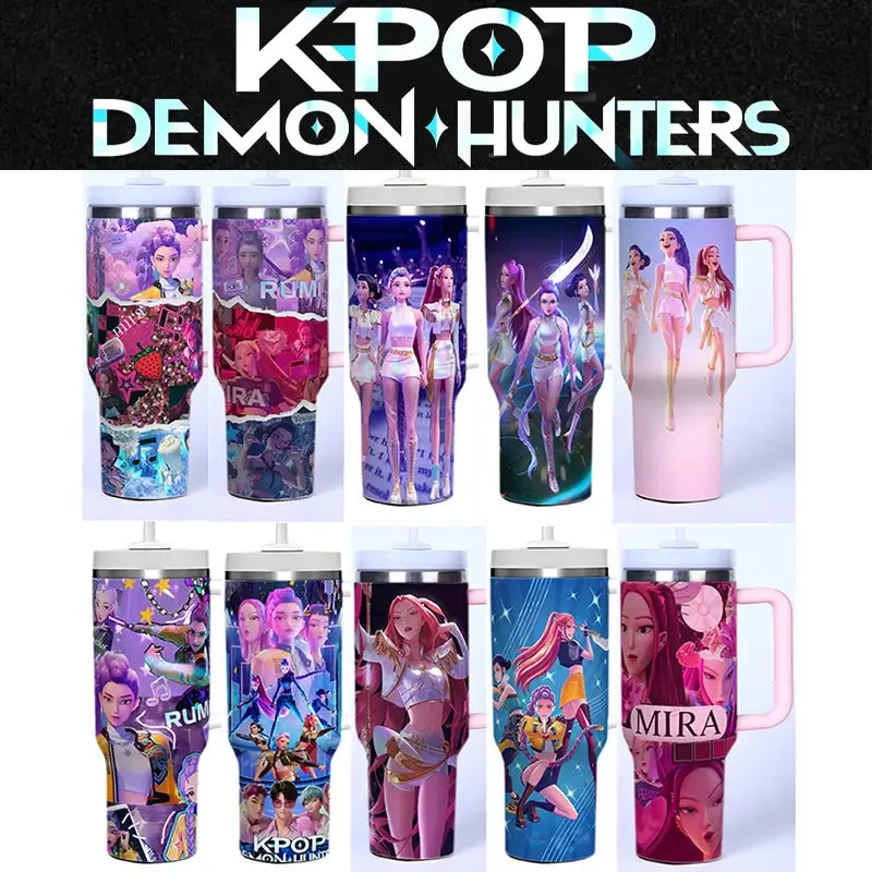 A 40oz stainless steel K-Pop Demon Hunters Cup featuring cartoon prints of anime girl group characters Rumi, Zoey, and Mira, designed for car travel.