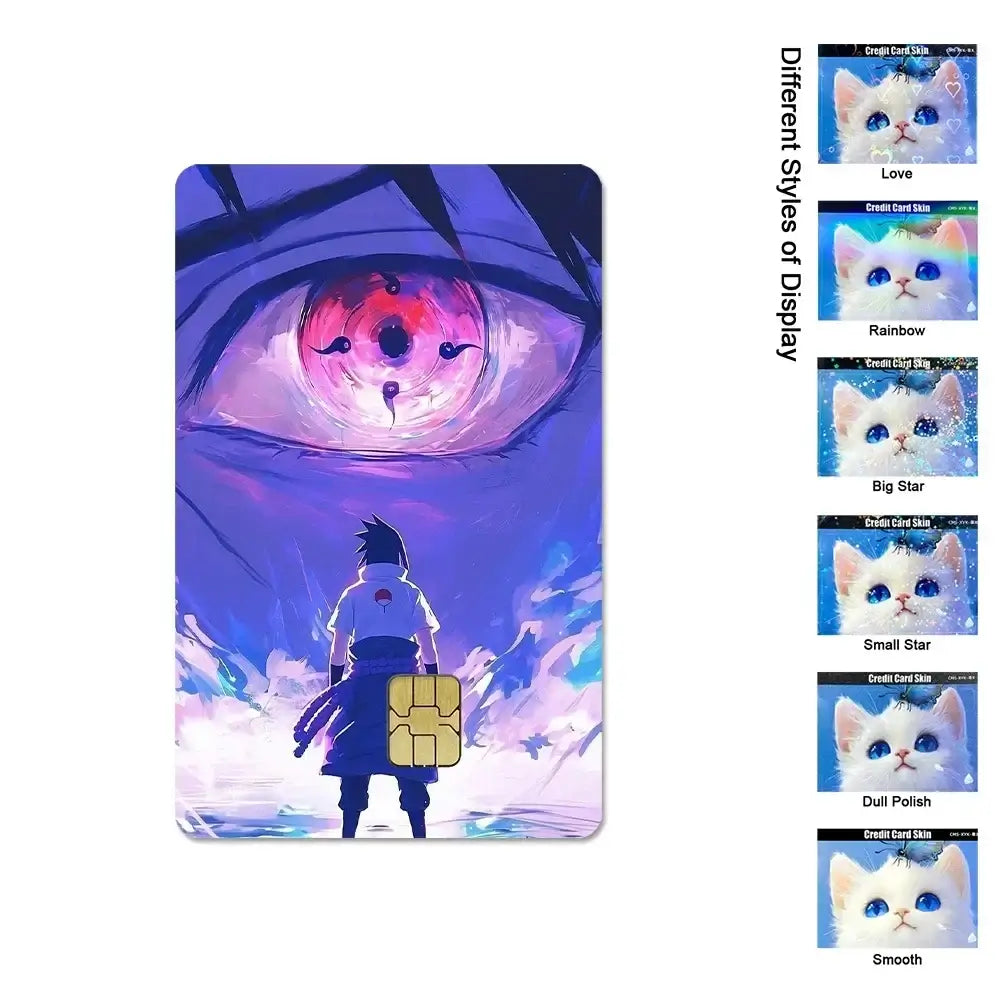 A waterproof Naruto Credit Card Skin PVC sticker featuring Uchiha Sasuke anime art applied to a standard debit bank card.
