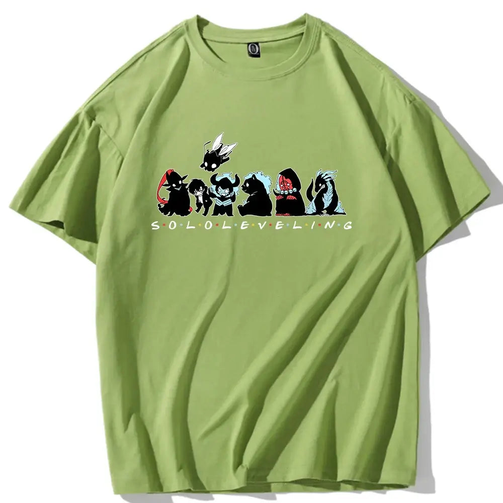 A Cute Solo Leveling T-shirt with a chibi anime design, perfect as a short sleeve O-neck gift for fans.