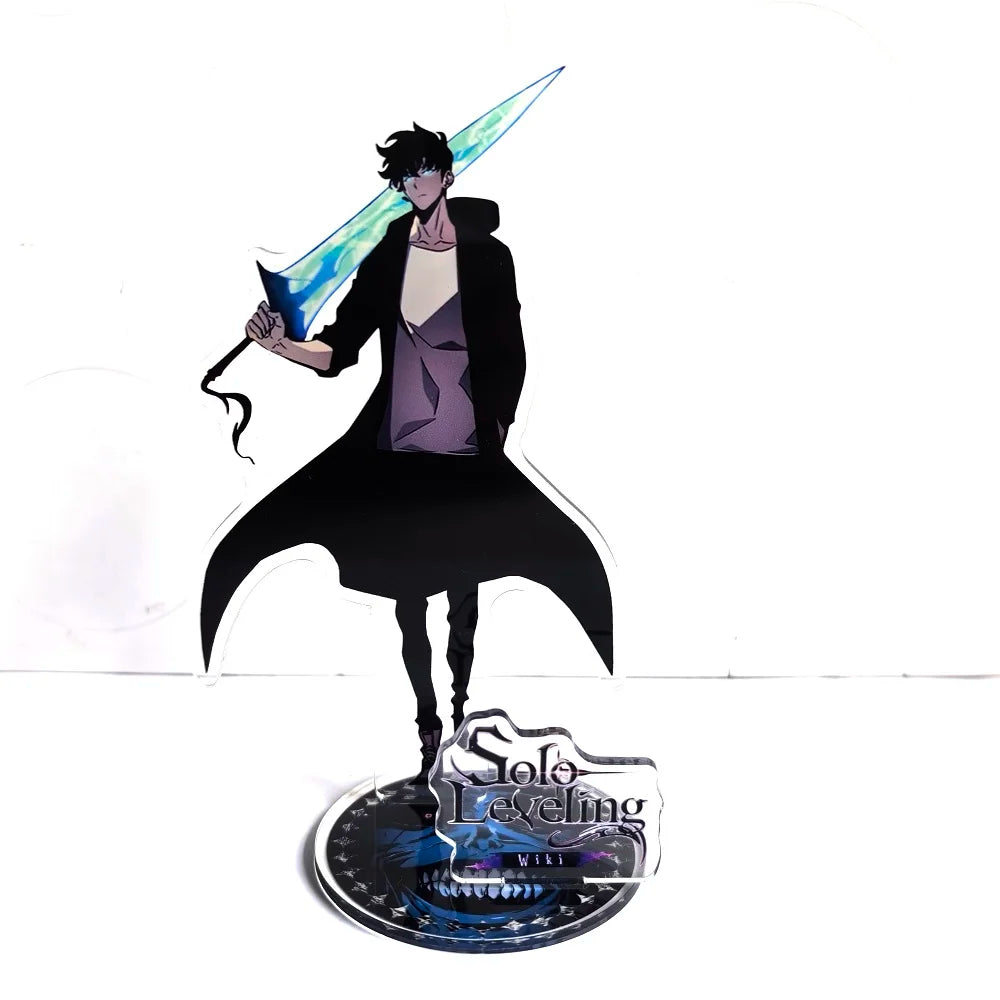 A high-definition 15cm Solo Leveling Acrylic Stand featuring Sung Jinwoo, Sung Jin Ah, and Yoo Jin Ho anime action figures for desk decoration.