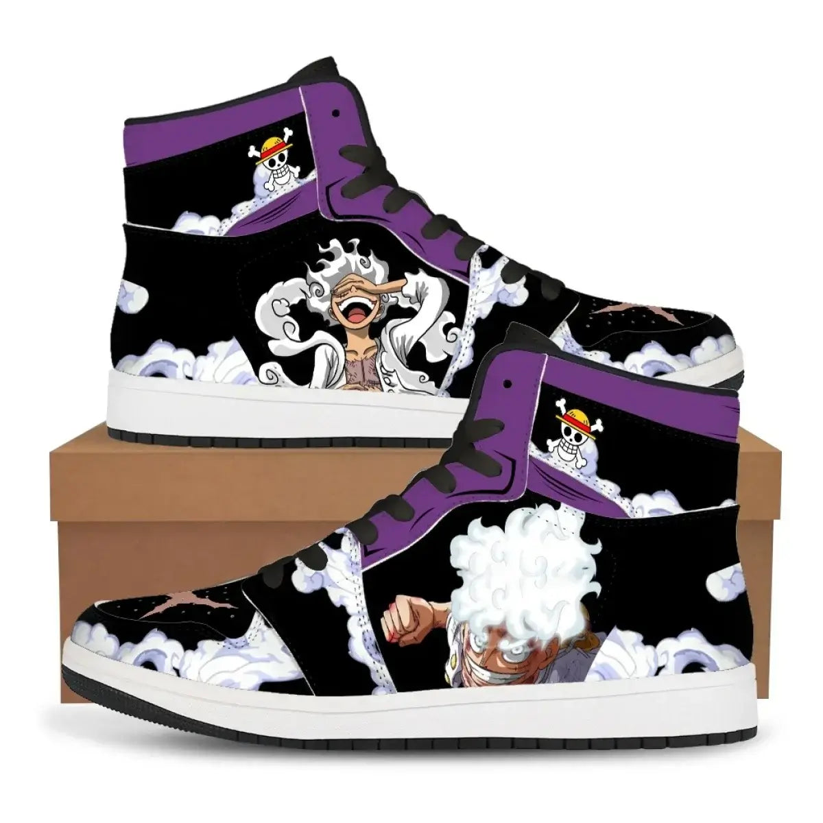A pair of custom One Piece Basketball Shoes featuring anime designs of Luffy and Zoro, suitable as unisex sneakers.