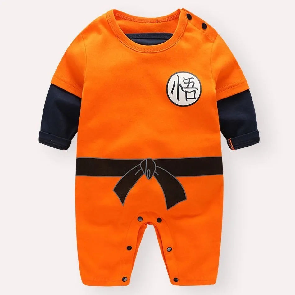 A newborn infant wearing one of the Anime Baby Rompers, a cosplay costume available in Akatsuki, Nezuko, and Tanjirou styles.