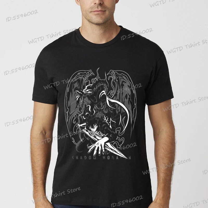 A vintage black Solo Leveling Anime T-Shirt featuring a funny Sung Jinwoo graphic print, available in sizes S to 4XL for men and women.