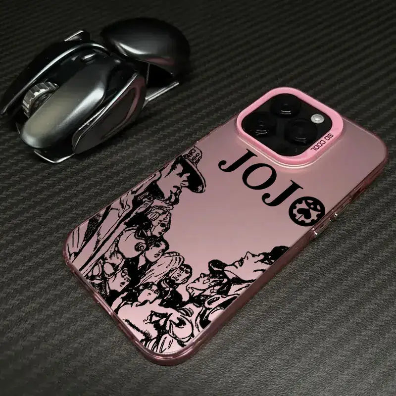 A shockproof JoJo's Bizarre Adventure Phone Case featuring colorful anime art of Jotaro and Dio, compatible with Apple iPhone 16e, 16, 15, and 14 Pro Max.