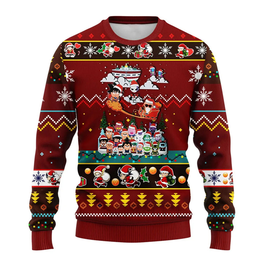A festive Dragon Ball Anime Sweater featuring Goku and Dragon Balls, designed as a round neck Christmas pullover for men and women.