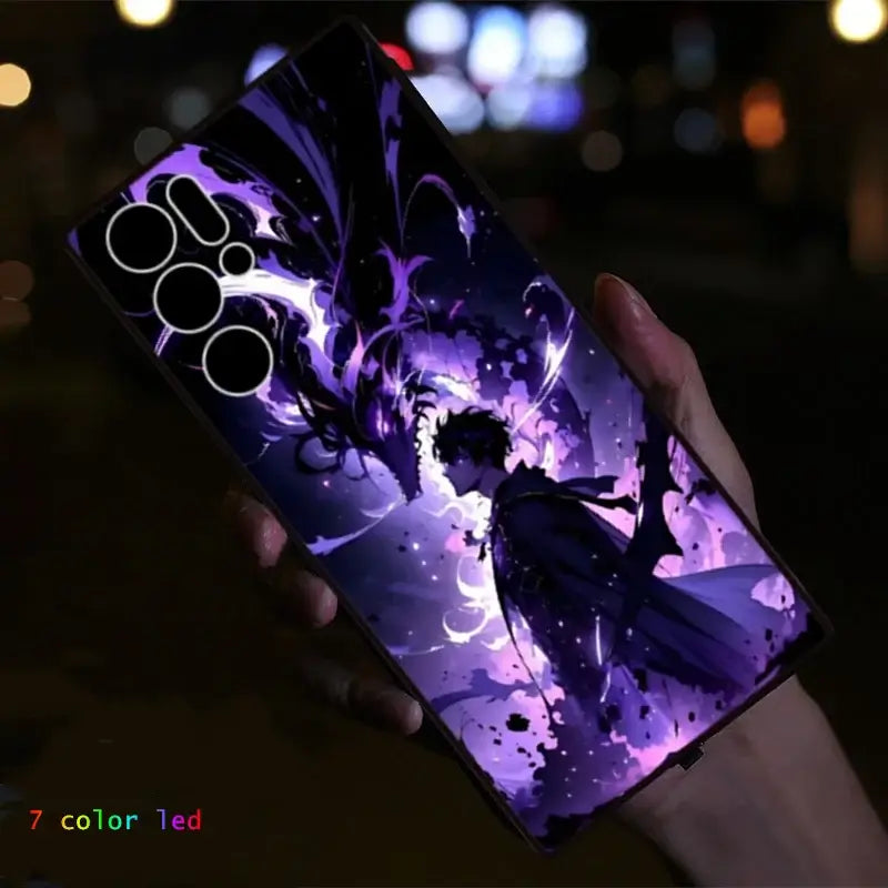 A Solo Leveling LED Phone Case for ZTE Nubia RedMagic featuring glowing Sung Jinwoo anime art that lights up.