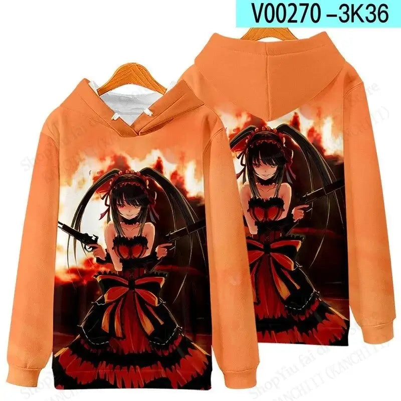 A unisex Anime Kurumi Tokisaki 3d Print Hoodie, designed as a fashion sweatshirt and sexy girl coat for men, women, and boys.