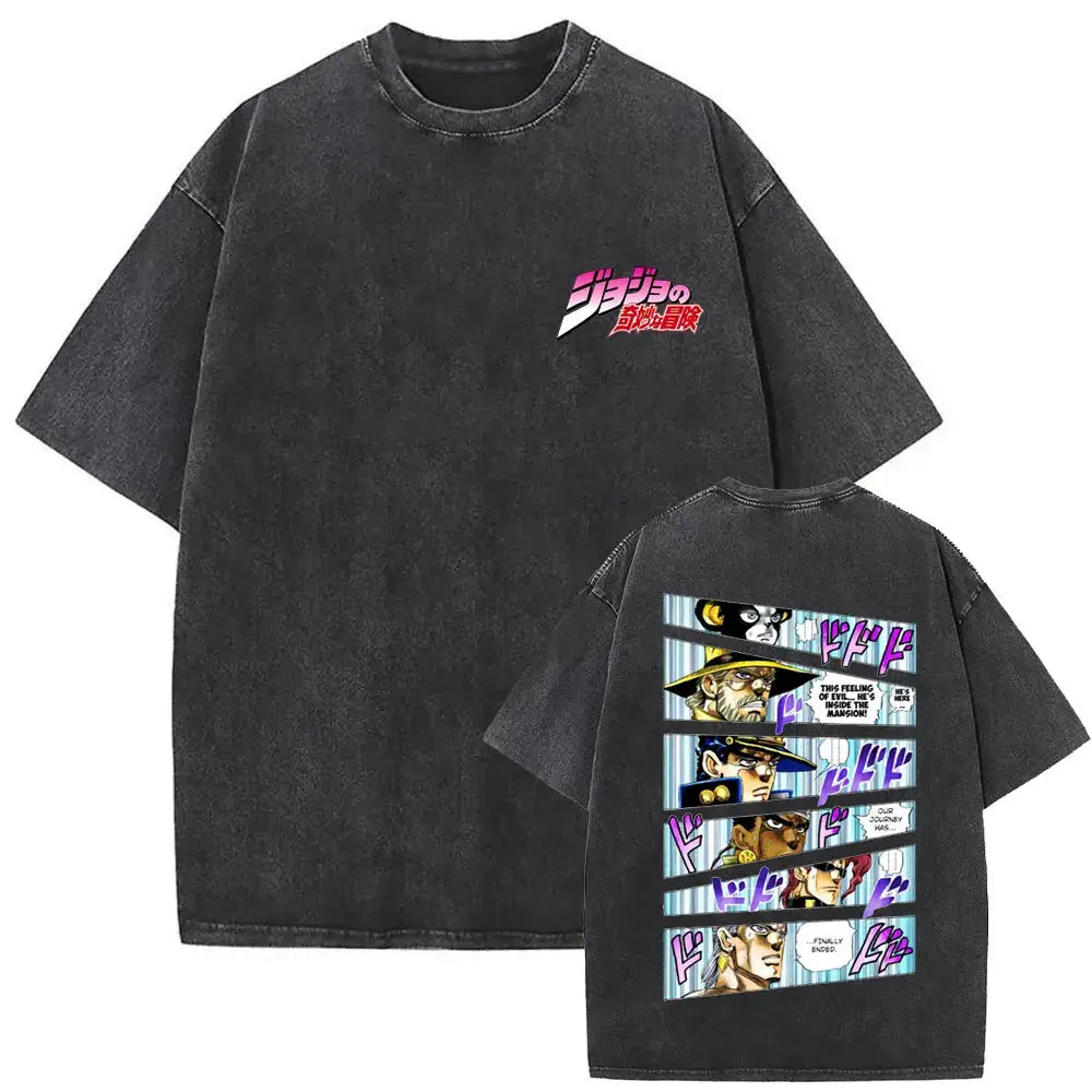 A washed Jojo Bizarre Adventure Vintage T-shirt featuring high-quality manga prints of Jotaro Kujo, Dio, and Giorno for men and women.
