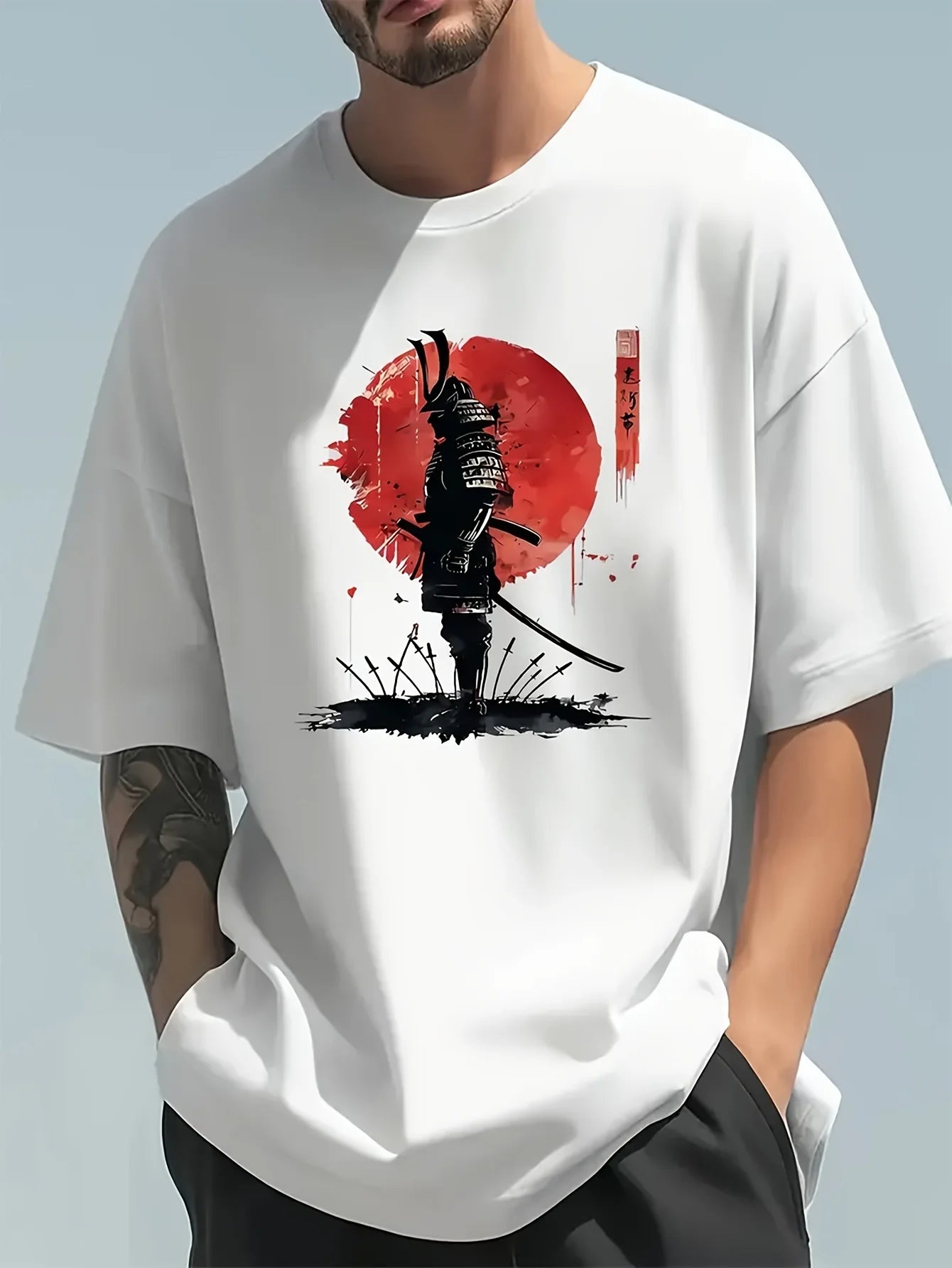 Men's 100% cotton Japanese Samurai Pattern T-shirt with a fashionable casual loose fit for summer.