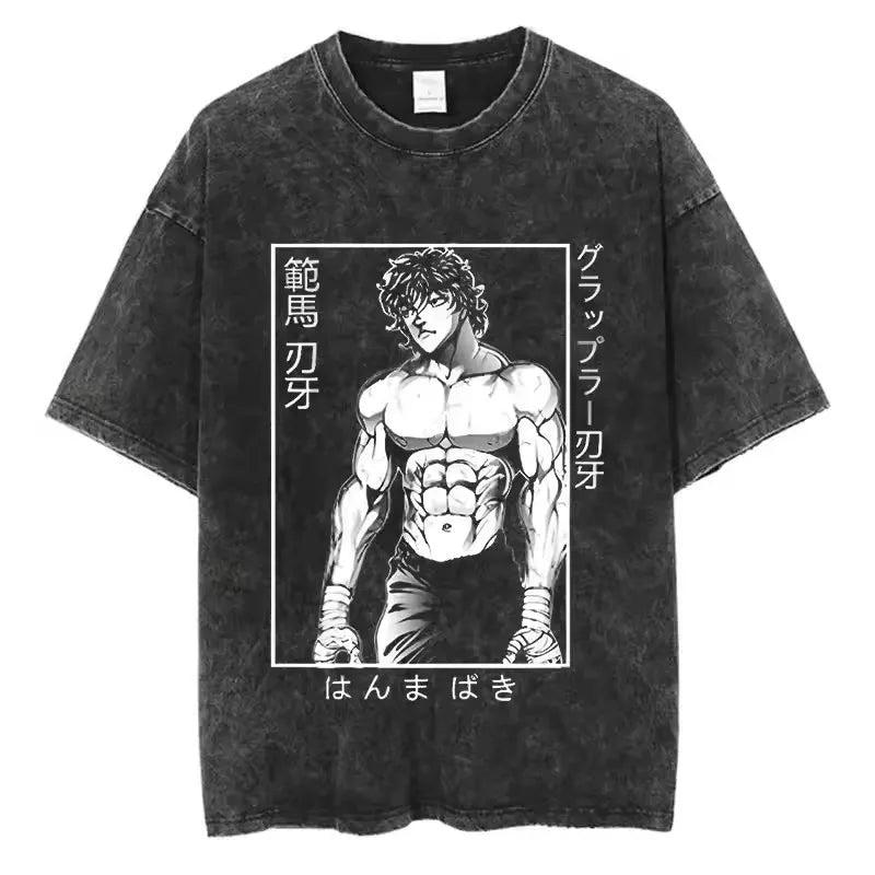 A high-quality pure cotton Baki Anime T-shirt featuring a graphic print of Baki Hanma, designed as a casual loose fit top for men and women.