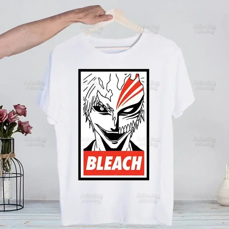 A men's Bleach Kurosaki Ichigo T-shirt in a funny Harajuku hip hop streetwear style for summer.