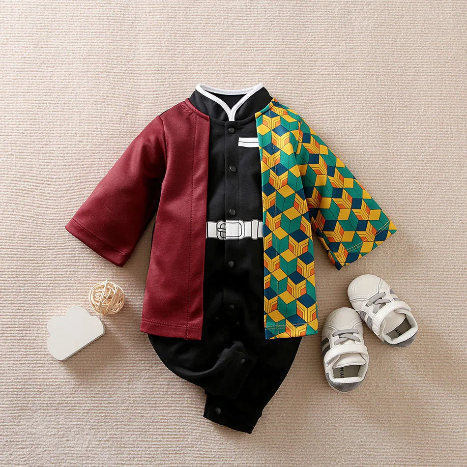 A newborn infant wearing the Baby Anime Costume, a cosplay jumpsuit available in Luffy, Akatsuki, and Vegeta styles.
