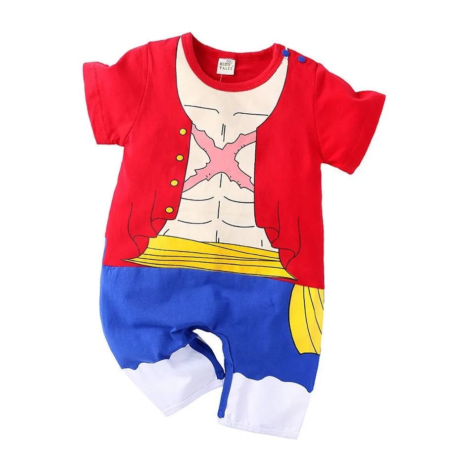 A newborn infant wearing the Baby Anime Costume, a cosplay jumpsuit available in Luffy, Akatsuki, and Vegeta styles.