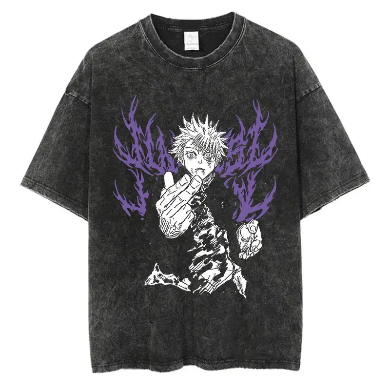 A vintage-style Anime Washed T-shirt made of 100% cotton, featuring an oversized Harajuku streetwear fit for men and women.