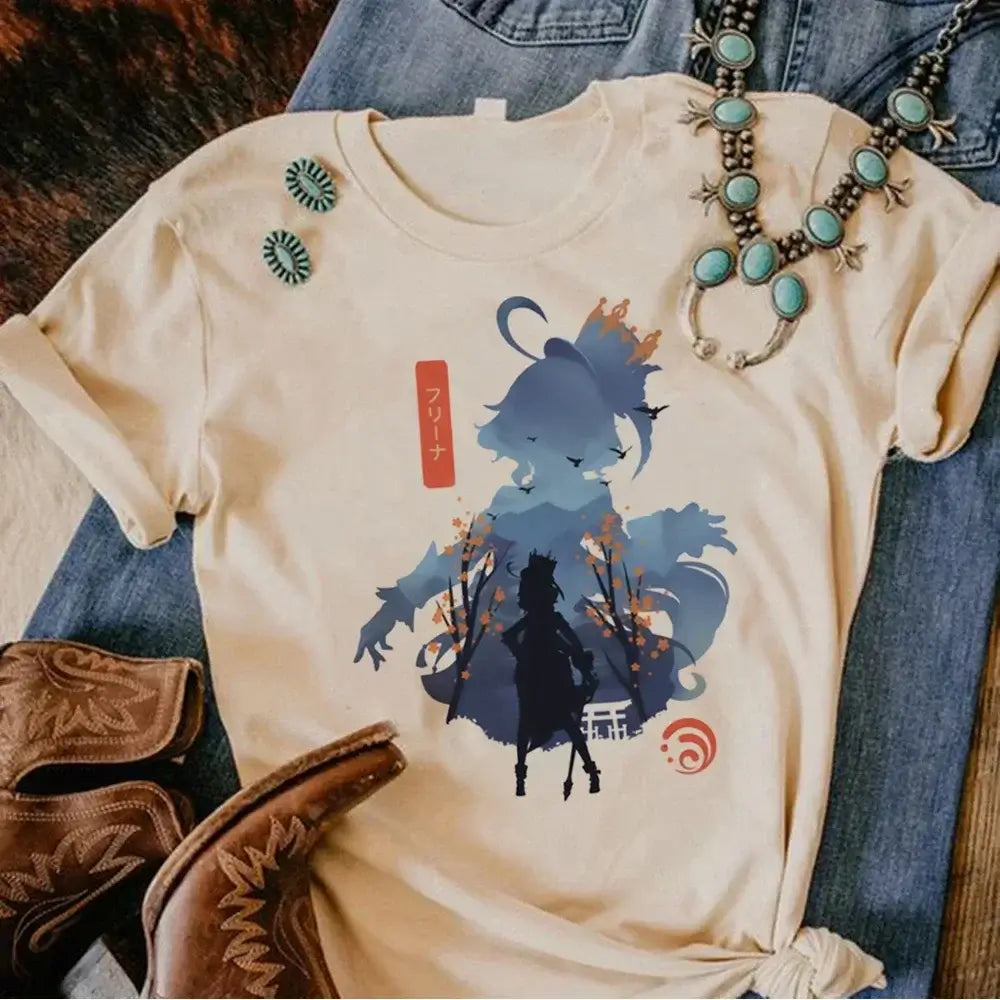 A woman wearing a funny Y2k Genshin Impact Furina T-Shirt with a comic anime design.