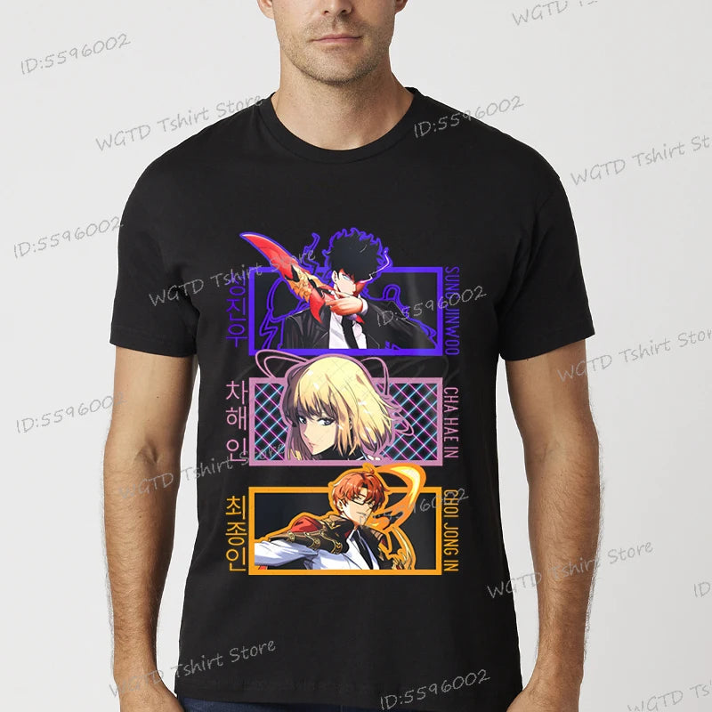 A vintage black Solo Leveling Anime T-Shirt featuring a funny Sung Jinwoo graphic print, available in sizes S to 4XL for men and women.