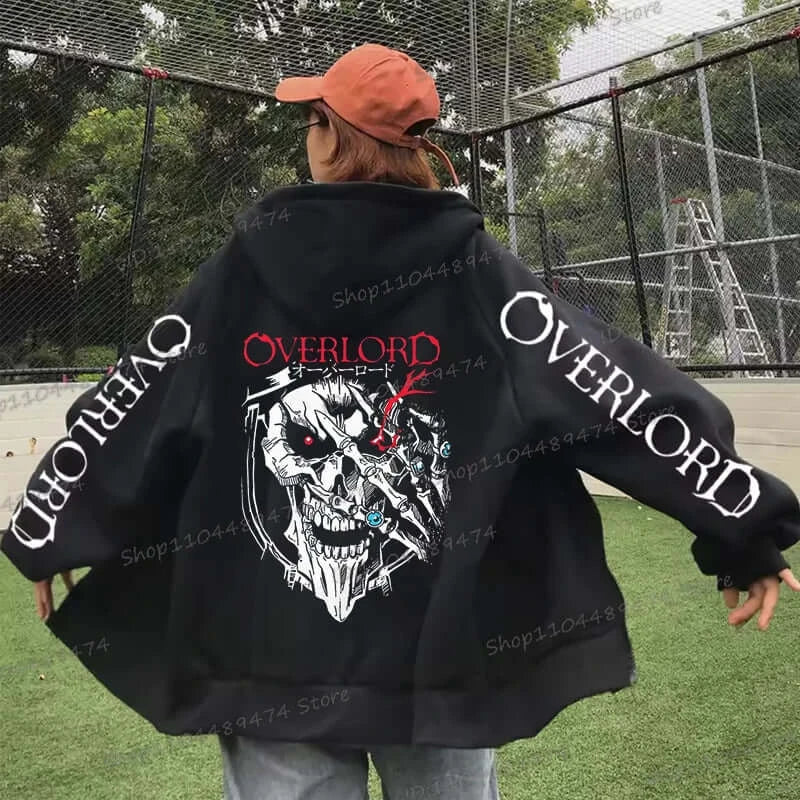 A unisex Japan Anime Overlord Horror Skull Hooded Shirt with a zip-up front, featuring a horror skull print in a Harajuku streetwear style.